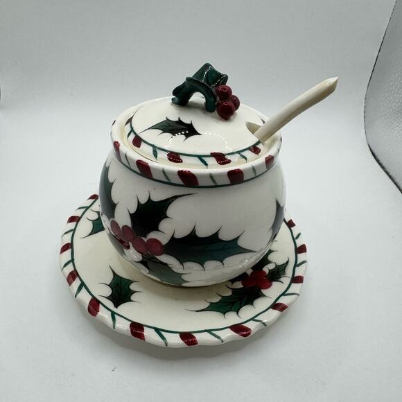 Condiment Jar / Lefton / Holly Condiment Jar with Spoon / Christmas / Vintage - Picture 1 of 6